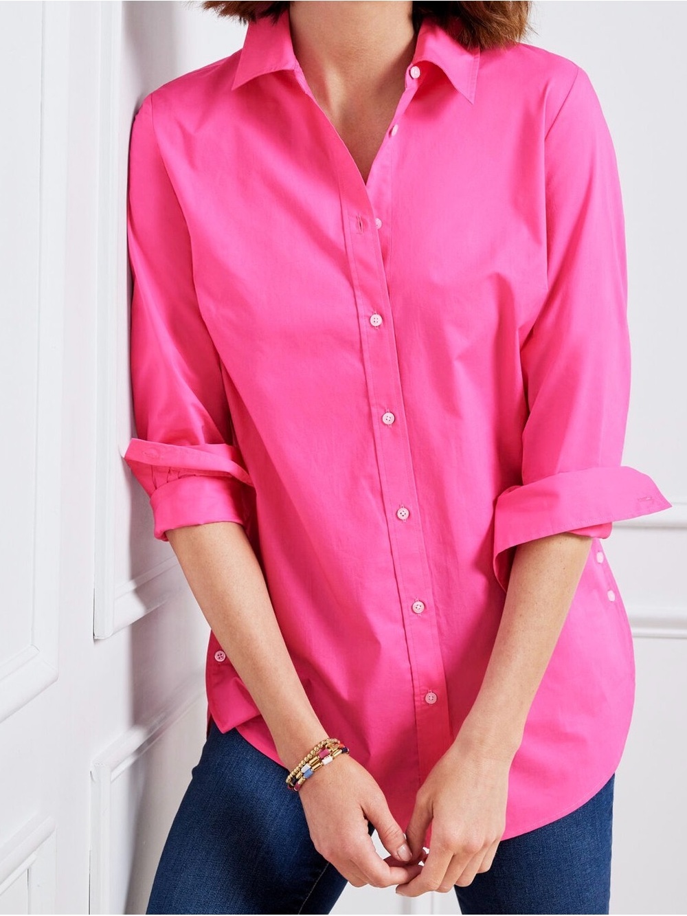 Talbots Hot Pink Side Button Boyfriend Shirt
